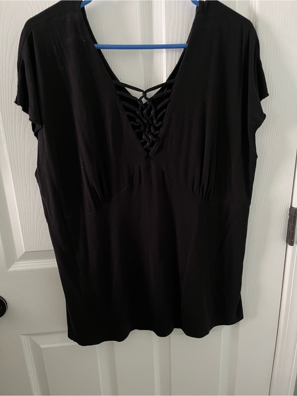 Women's Black Short Sleeve Tunic with Braided V-Neck Detail